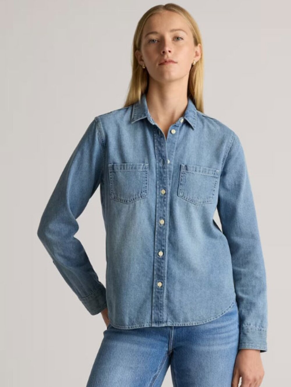 Quince Distressed Button Down Long Sleeve Denim Shirt